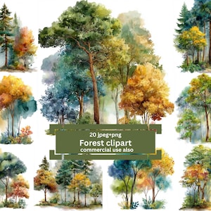Watercolor Forest Landscape Clipart, Tree Clipart, Nature Clipart, High Quality JPGs, Watercolor Clipart, Junk Journal, Digital Download