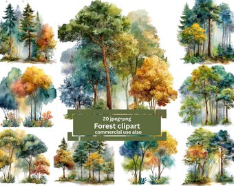 Watercolor Forest Clipart: Vintage Landscape Illustrations (Digital Download, PNG & JPGs)