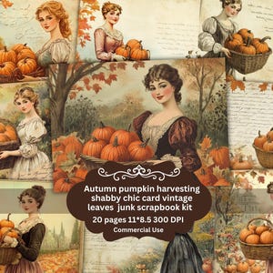 Autumn pumpkin Harvest by Victorian lady, Pumpkin and Flower, Printable JPG image, Fall Landscape vintage junk journal ephemera decoupage