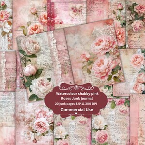 May include: A digital collage of 20 printable pages featuring watercolour shabby pink roses. The pages are 8.5 inches by 11 inches and 300 DPI. The text "Watercolour shabby pink Roses Junk journal 20 junk pages 8.5*11 300 DPI Commercial Use" is included in the image.