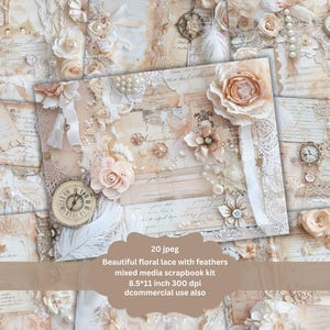 May include: A digital scrapbook kit with 20 images featuring delicate floral lace, feathers, and vintage-inspired elements in soft cream and beige tones. The kit is 8.5 inches by 11 inches and 300 dpi.