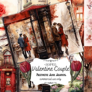 Paquete de diario basura con estética de San Valentín: papel digital para scrapbooking, solo para uso comercial, regalo para ella, diario romántico.