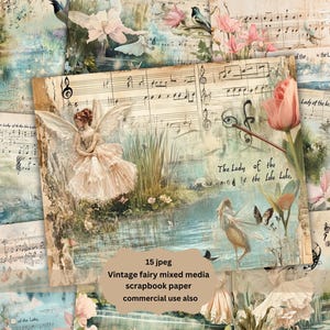 May include: A digital collage of vintage fairy images, music sheets, and floral designs. The text "The Lady of the Lake Lakes" is featured in the center of the collage. The collage is in shades of blue, green, pink, and white.