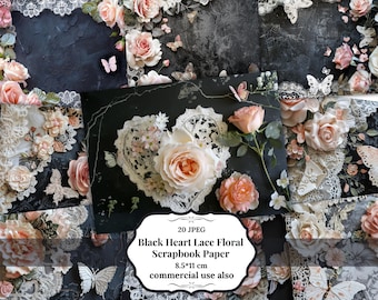 white heart black background lace Junk Journal Papers, Lace Junk Journal Page, Shabby Chic Scrapbook Papers, Printable, Ephemera, Scrapbook