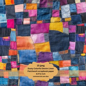 Op de afbeelding: Een patchwork van kleurrijke stoffenresten, waaronder denim, linnen en katoen, in tinten blauw, roze, oranje en geel. De stof is in een willekeurig patroon aan elkaar genaaid, waardoor een uniek en textuurrijk ontwerp ontstaat. De afbeelding bevat de tekst "15 jpeg Dusty Colorful Denim Linen Patchwork scrapbook paper 8.5*11 inch commercial use also".