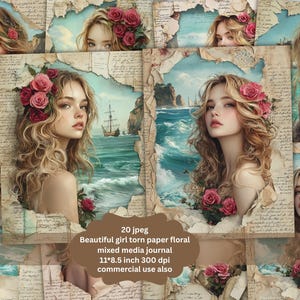 Kit di carte per scrapbooking con diario di carta riciclata stampabile, boho floreale romantico con fiori tra i capelli e oceano, risorsa per scrapbooking, carta strappata