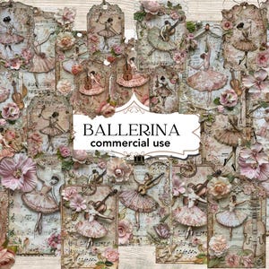 Bellissime pagine di diario con etichetta Ballerina, kit di carta per album digitale, stampabile di balletto, foglio di collage shabby chic, effimeri vintage