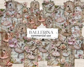 Beautiful Ballerina tag Junk Journal Pages, Digital Scrapbook Paper Kit, Ballet Printable, Shabby Chic Collage Sheet, Vintage Ephemera