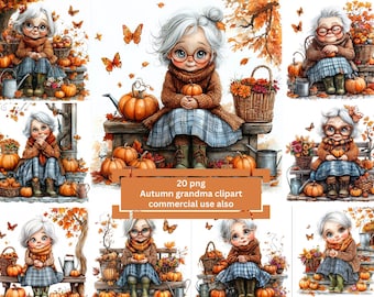 JPEG Autumn Grandma with Pumpkins Clipart autumn Adorable cute Grandmother on Bench with Pumpkins butterfly, Whimsical Fall Illustration