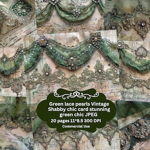 Grüne Spitze Chic Junk Journal Kit Grün Shabby Vintage Spitze Ephemera Collage Sheets Druckbare grüne Blume Digitales Papier Scrapbooking Floral