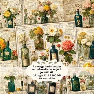Könnte beinhalten: Eine Collage von Vintage-Bildern mit Glasflaschen, die mit Blumen gefüllt sind. Die Flaschen sind in Grün- und Blautönen gehalten und haben Korken. Der Hintergrund umfasst botanische Illustrationen und Text. Der Text im Bild lautet: "A vintage herbs bottles mixed media decor junk journal kit".