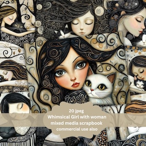 kit vintage de portrait numérique félin lunatique de femme de chat, JPG et PDF imprimables, papiers plus des pages de cartes de journal indésirable. Utilisation commerciale