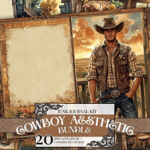 May include: A digital art bundle featuring a cowboy theme. The image includes a portrait of a cowboy, framed artwork, and the text "COWBOY AESTHETIC BUNDLE". The bundle contains 20 JPEG images, each 11 x 8.5 inches, for commercial use.