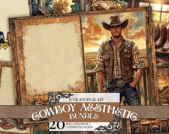 Journal de la malbouffe de cow-boy au format JPEG, kit imprimable vintage Western, éphémères ranch rustiques, feuilles de collage de cow-boy country, Old West Journal