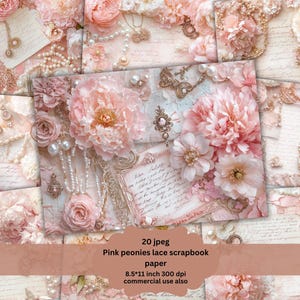 Kit de diario basura con diseño floral shabby chic rosa y perla, hojas de collage efímeras vintage rosa imprimibles, papel digital de flores blancas para scrapbooking con perla