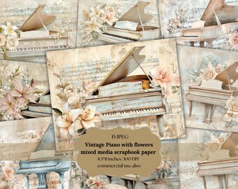 May include: A digital scrapbook paper pack featuring vintage pianos with floral accents. The paper is 8.5 inches by 11 inches and 300 DPI. It is for commercial use.