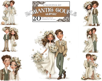 Clipart de couple de mariage fantaisiste, illustration romantique de marié de mariée, art de mariage de Bohème, conception florale de couple, téléchargement JPEG imprimable