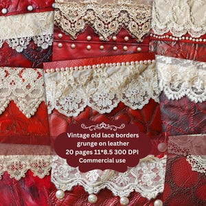 Red Antique vintage Leather and Lace Backgrounds, Western Printable Wedding Scrapbook Papers, Rustic Country Sublimation Collage Art Kit