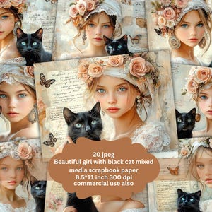 Girl and cat scrapbooking paper JPEG beautiful Girl with cat cheerfully playing, Commercial Use Instant Download Paper Crafts Junk Journal