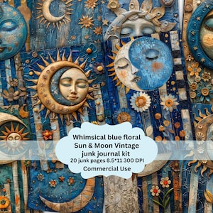 Whimsical blue Sun & Moon Junk Journal Pages, Digital Scrapbook Paper Kit, Celestial Printable, Vintage Astronomy Collage Sheet, Mystical