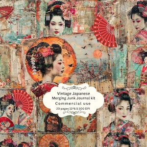 Vintage Japan women Junk Journal Pages, Digital Scrapbook Paper Kit, Japanese Ephemera, Printable Collage Sheet, Asian Background, Oriental