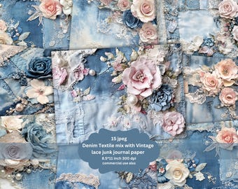 White Floral Denim Junk Journal Page denim Textile Collage Sheets Digital Scrapbooking Floral Lace Vintage Ephemera Shabby Chic Paper Journa