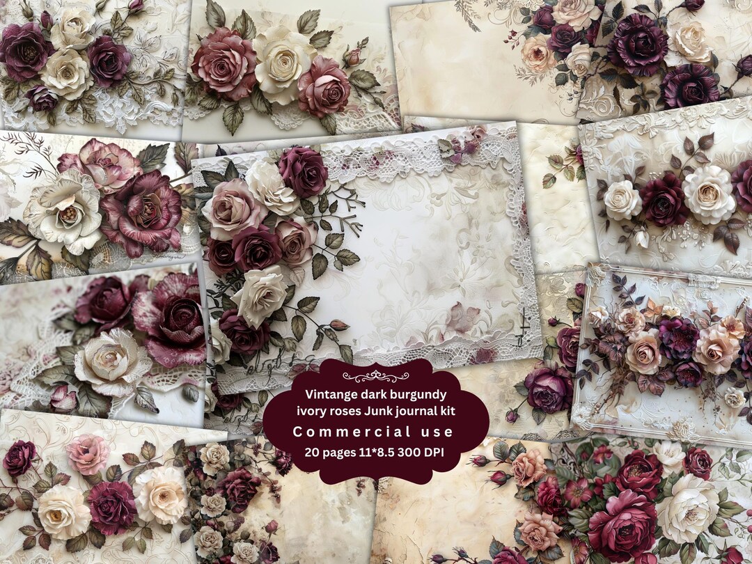 Watercolour Dark Burgundy Ivory Roses Junk Journal Kit, Vintage Digital ...