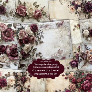 Kit Junk Journal con rose color avorio bordeaux scuro, carta digitale vintage per scrapbooking, pagine shabby stampabili con peonie