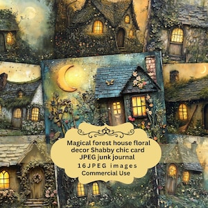 Magical Enchanted Forest house  fantasy Junk Journal Pages, Printable Collage Sheet, Digital Scrapbook Paper, Dark Woodland Kit, Vintage