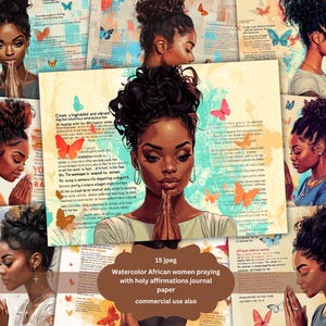 Beautiful Black Women Praying Hands junk journal , Watercolor African Girl PNG, Female Christian Spiritual Prayer, Commercial Use License
