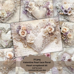 White Romantic heart Junk Journal | Printable Kit | Elegant Pink Lace Pearls Hearts | Shabby Chic | Valentines Junk Journal | Wedding Paper