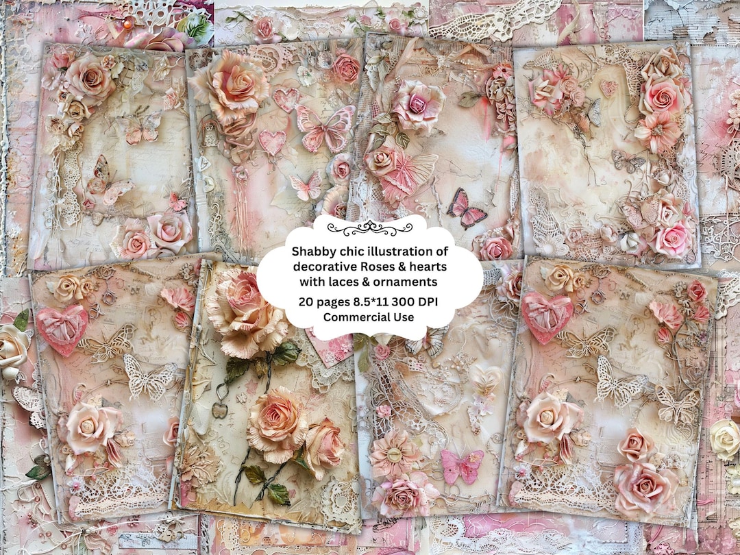 Shabby Chic Illustration of Vintage Decorative Roses and Hearts With ...