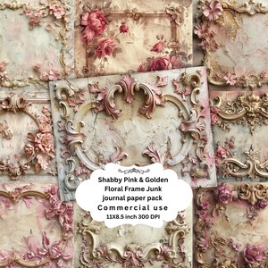 Könnte beinhalten: Ein digitales Papierpaket mit 10 floralen Rahmen im Shabby-Chic-Stil. Die Rahmen sind in Rosa-, Gold- und Weißtönen mit verzierten Details gehalten. Das Papierpaket ist 11x8,5 Zoll groß und hat 300 DPI.