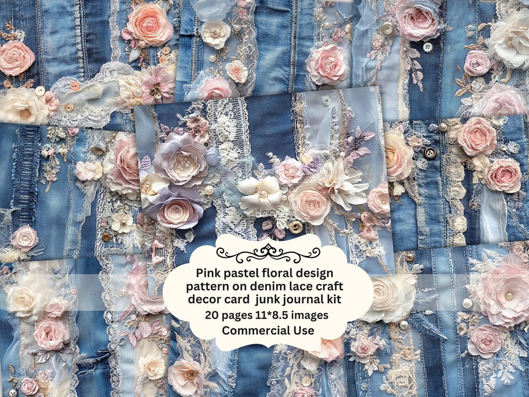 Pink Floral on Denim Junk Journal Page Bundle, Textile Collage Sheets ...
