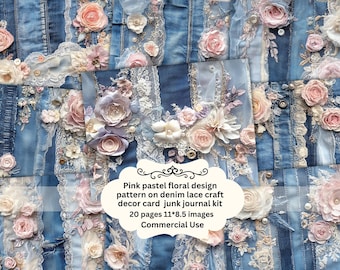 Pink floral on Denim Junk Journal Page Bundle, Textile Collage Sheets, Patchwork Digital Scrapbooking, Floral Lace, Vintage