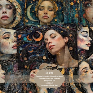 Bellissima pagina di diario della luna della dea, pagine doppie della luna d'oro celeste, stampe di album di ritagli della luna, carte digitali, foglio di collage della luna