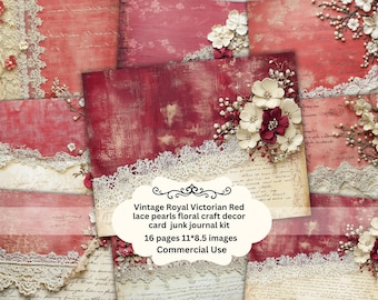 May include: A collection of vintage-style paper sheets with a red and cream color scheme. The sheets feature lace, floral accents, and handwritten script. The text on the image reads "Vintage Royal Victorian Red lace pearls floral craft decor card junk journal kit".