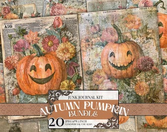 Vintage Halloween Pumpkin Junk Journal Pages, Floral Ephemera Pack, Autumn Scrapbook Paper, Halloween JPEG Digital Download