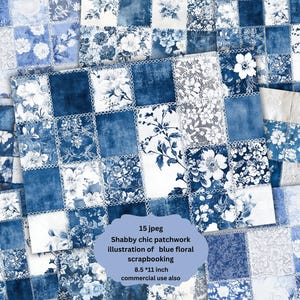 Blue white floral Patchwork Junk Journal Pages, Digital Papers, Printable Journal Pages, Scrapbook Cards, Paper Craft, Shabby Chic Textiles