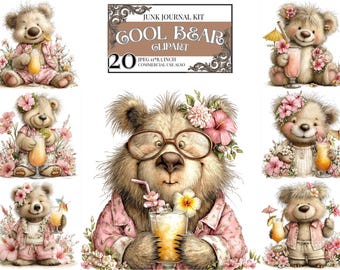 Lot de cliparts ours mignon | Illustrations d'ours en peluche d'été | Art floral ours à boire au jus | Graphiques d'animaux kawaii | Téléchargement JPEG