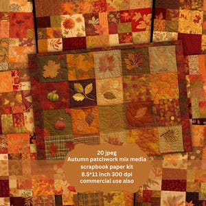 Könnte beinhalten: Eine Sammlung von Scrapbook-Papier-Kits zum Thema Herbst. Das Bild zeigt ein Patchwork-Design mit Quadraten in verschiedenen Farben und Mustern, darunter Blätter und Kürbisse. Der Text auf dem Bild lautet: "20 jpeg Herbst Patchwork Mix Media Scrapbook Papier Kit 21,6 x 27,9 cm 300 dpi kommerzielle Nutzung auch."