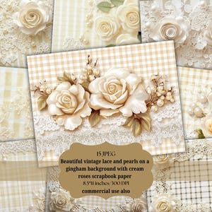 Bellissimo kit per scrapbooking con pizzo vintage e perle su uno sfondo a quadretti con rose color crema.