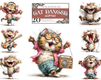 Bundle de cliparts chat musique mignon, PNG de chat qui chante, Illustrations de chaton dansant, Clipart animal drôle, art musical de chat de dessin animé, autocollant imprimable