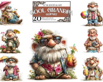 Bundle de cliparts drôle d'été grand-père, mignon vieil homme PNG, clipart gnome de vacances à la plage, dessin animé grand-père tropical, personnage de personne âgée kawaii