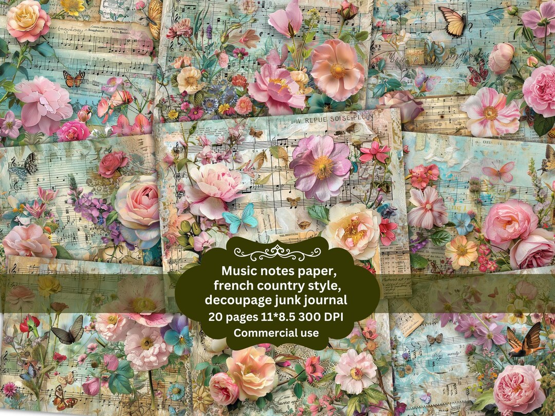 Floral Music Sheet Printable Pages, New Music Sheet Junk Journal Pages