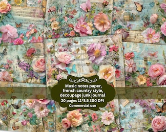 Floral Music Sheet Printable Pages, new Music Sheet Junk Journal Pages, Shabby Chic Paper Craft Sheet Ephemera Scrapbooking JPEG Design