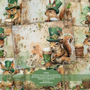 May include: A digital scrapbook kit featuring 20 images of whimsical squirrels dressed in green leprechaun hats with shamrocks. The images are set against a background of green shamrocks and brown, textured paper. The kit is 8.5 inches by 11 inches and is for commercial use.