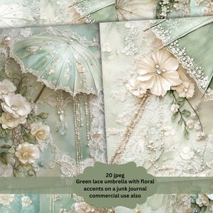 Viktorianischer Spitzeschirm Vintage Spitze Junk Journal Papier mit grünen, romantischen Seiten Perfekt für Scrapbooking, Junk Journal, Scrapbook