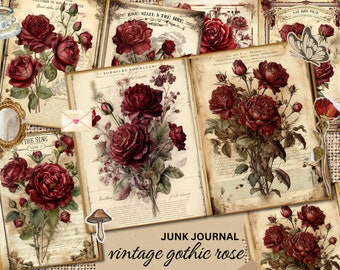 Vintage red rose background border junk journal ephemera, printable scrapbook kit, journal embellishments, fuss flowers, vintage ephemera