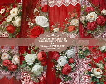 Red floral scrapbooking paper kit , red rose junk journal ephemera, printable scrapbooking, journal embellishments, fussy flowers, vintage